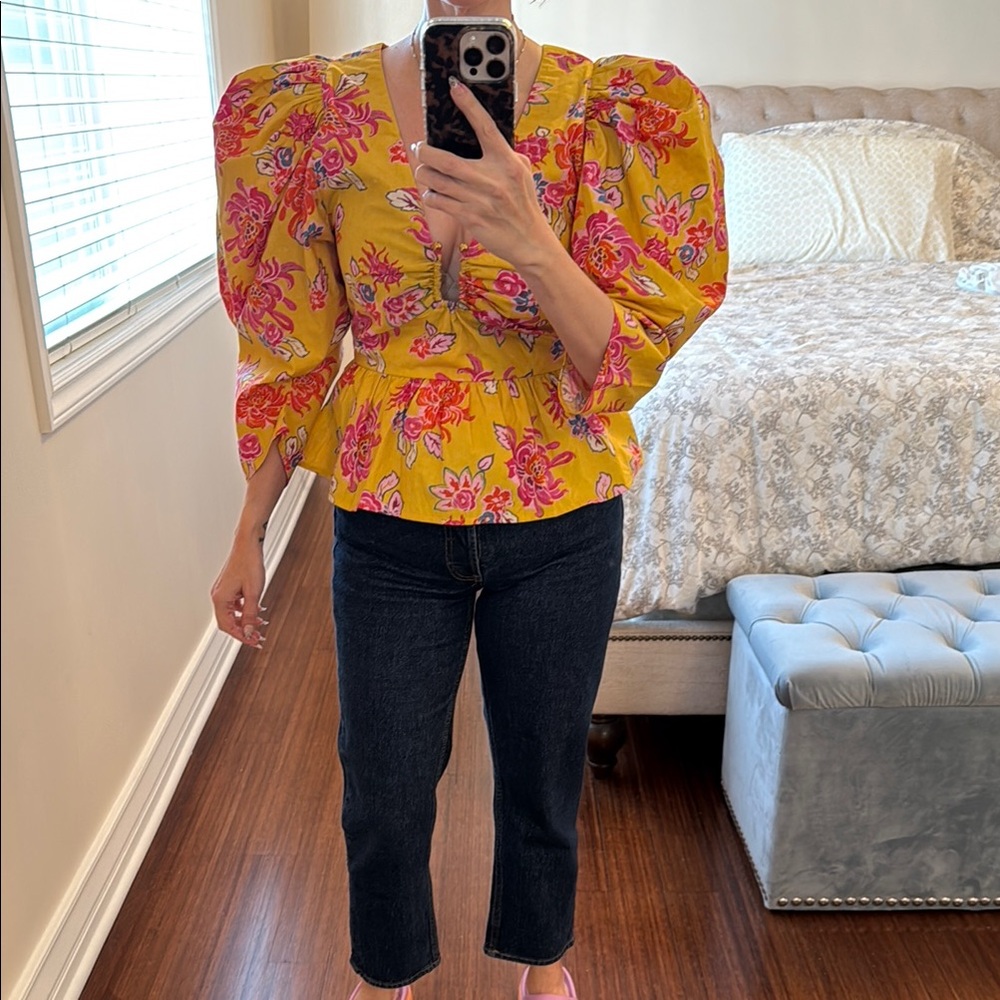 NWOT Floral Puff Sleeve Top - Yellow and Pink Blouse